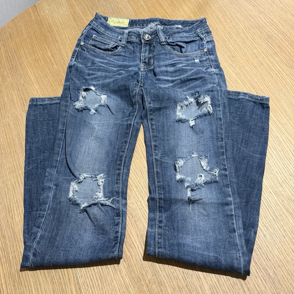 Machine Nouvelle Mode Distressed Skinny Jeans Blue Size 0 25 Rhinestone Pockets
